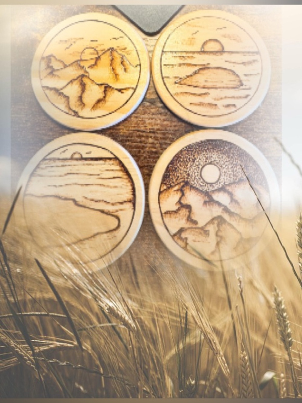 Hand-Burned Mountain & Ocean Wooden Coaster Set - 4 Pack